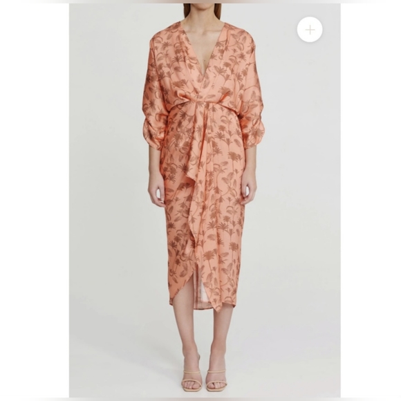 Significant Other Tropical Print Sunset Satin Midi Dress Draped Plunging - Picture 1 of 14